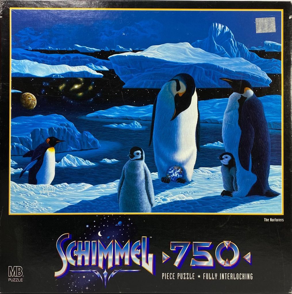Surreal illustration of emperor penguins in an icy arctic landscape beneath a starry space-themed sky.