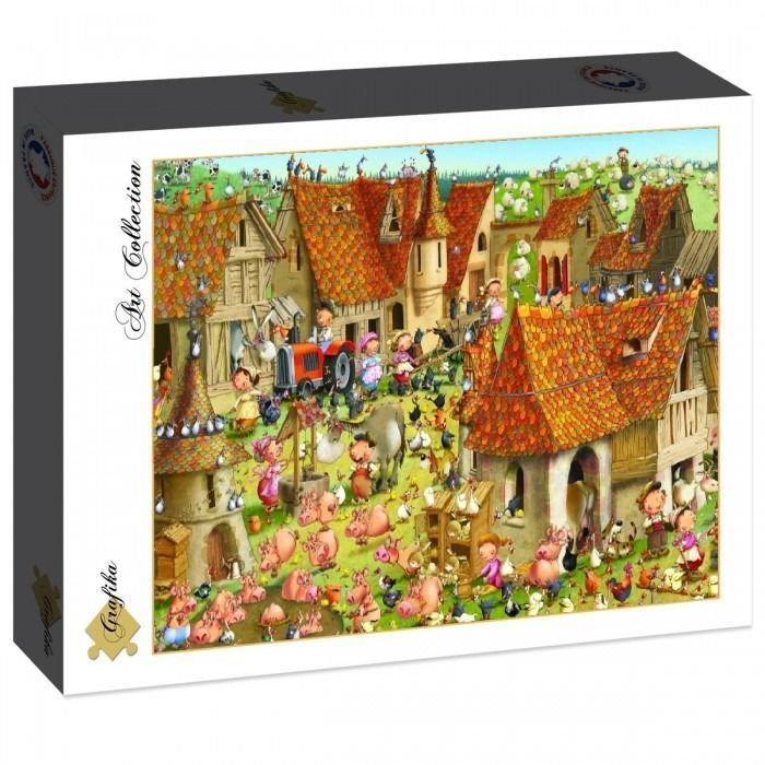 Cartoon illustration of a busy, whimsical farm scene filled with pigs, chickens, and colorful rustic houses.