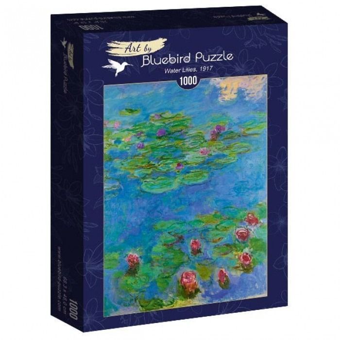 A Monet Water Lilies painting featuring vibrant green lily pads and pink flowers floating on a blue water surface.