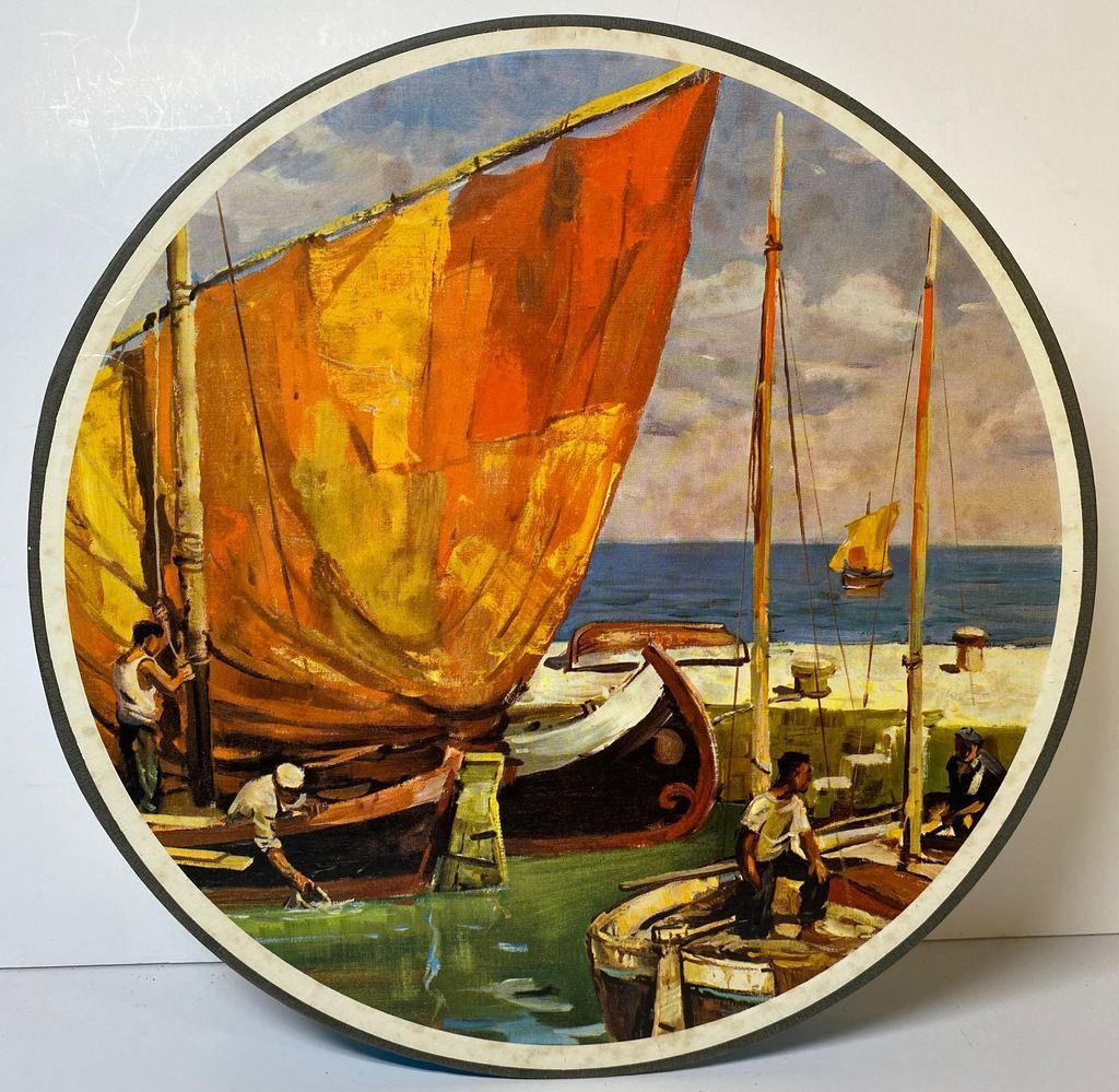 Impressionistic oil painting of fishing boats with large orange sails docked at a stone pier by the sea.