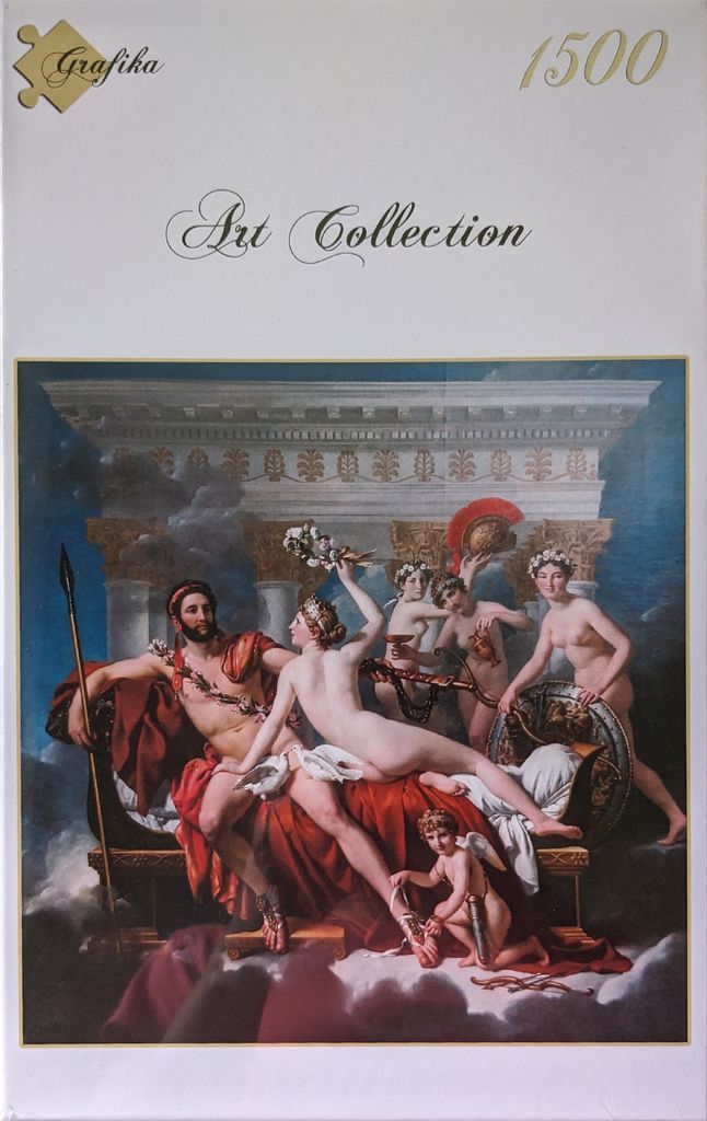Classical oil painting of Mars and Venus surrounded by attendants and a cherub in a temple setting.