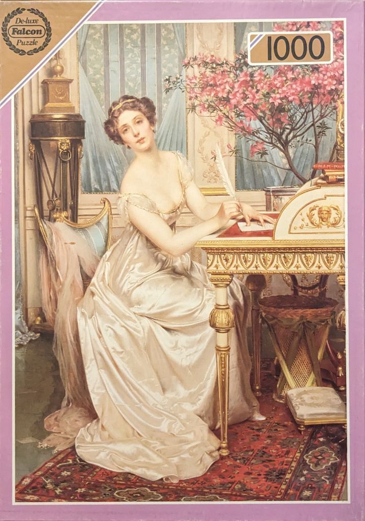 An elegant woman in a white silk gown writing at a gilded desk in a sunlit room.
