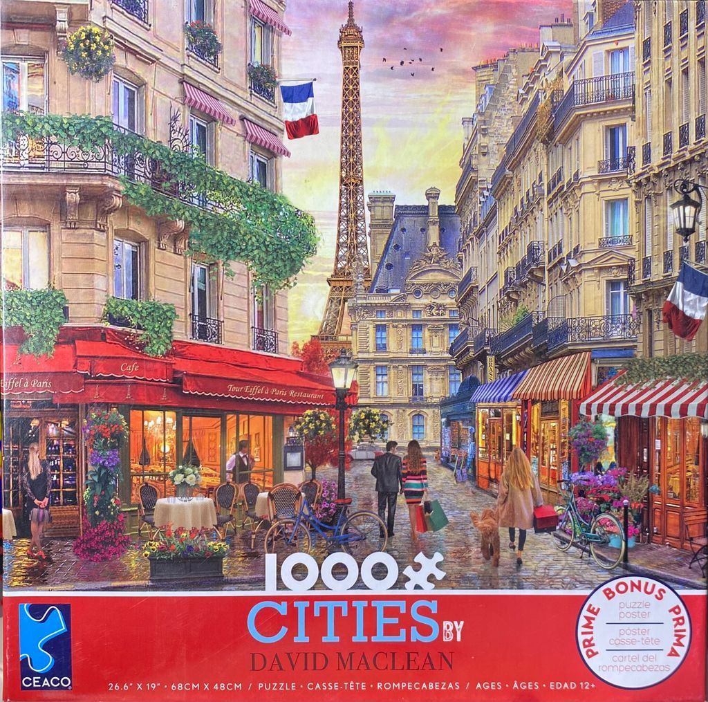 A scenic Parisian street view featuring a cafe, pedestrians, and the Eiffel Tower at sunset.