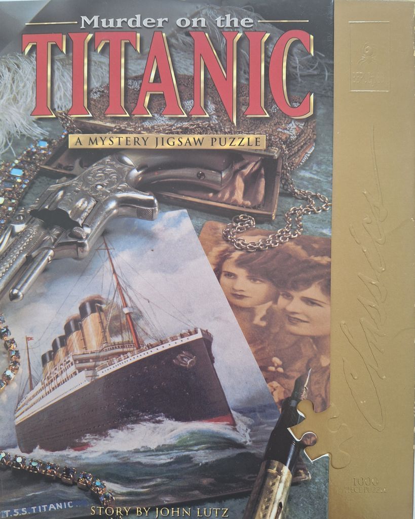 A still life featuring a pistol, a vintage photograph of two women, a fountain pen, and a picture of the Titanic.
