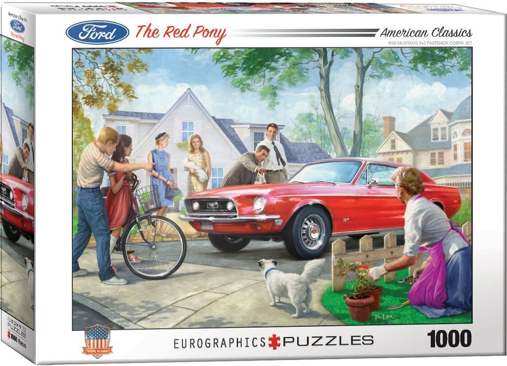 A nostalgic 1960s suburban scene featuring a red Ford Mustang parked in a driveway with a family gathered around.