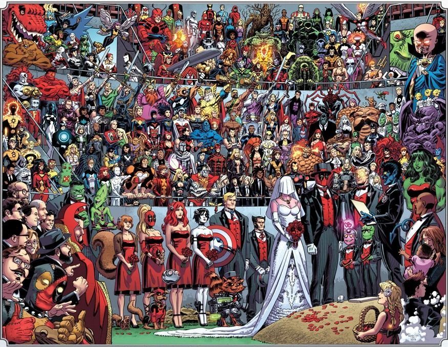 A wedding scene featuring dozens of comic book characters as guests and attendants.