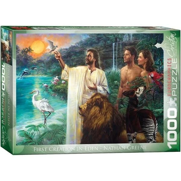 Illustration of Adam and Eve with Jesus in a lush, sunset-lit Garden of Eden surrounded by exotic wildlife.