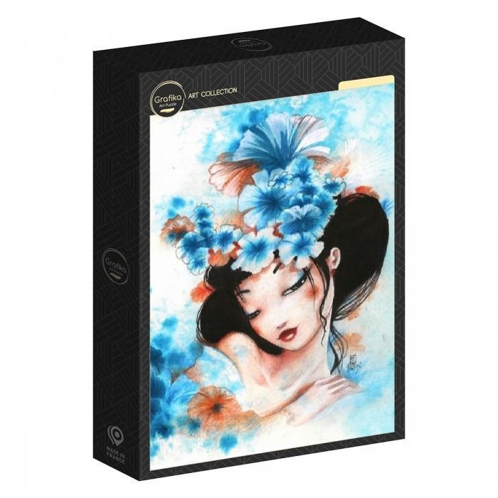 Watercolor illustration of a woman with black hair adorned with blue and orange flowers.