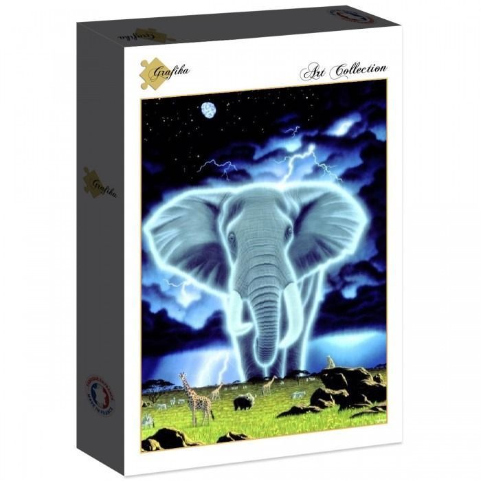 A spectral elephant looms over an African savanna under a stormy night sky with lightning.