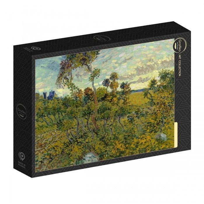 Post-impressionist oil painting of a landscape with thin trees, a field, and a distant blue building under a cloudy sky.