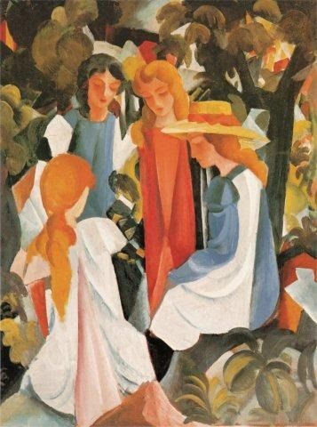 A group of four young women with stylized features and flowing dresses gathered together in a wooded landscape.
