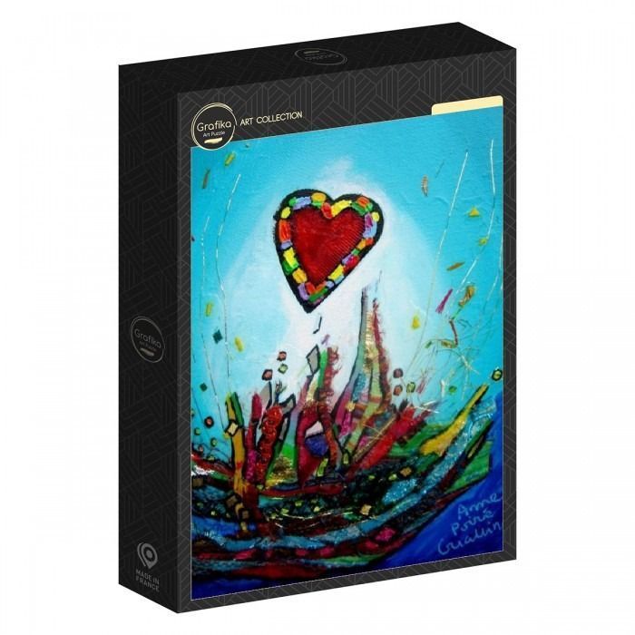 Abstract painting featuring a central red heart floating above a colorful, textured landscape on a bright blue background.