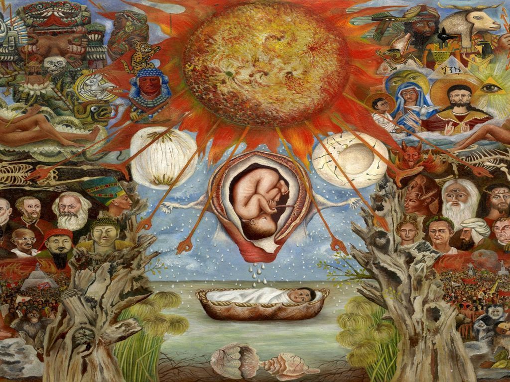 A dense, surrealist painting depicting a central sun and fetal image surrounded by historical, religious, and biological icon