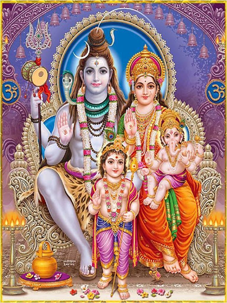 A digital illustration of the Hindu deities Shiva, Parvati, Ganesha, and Kartikeya sitting on an ornate throne.