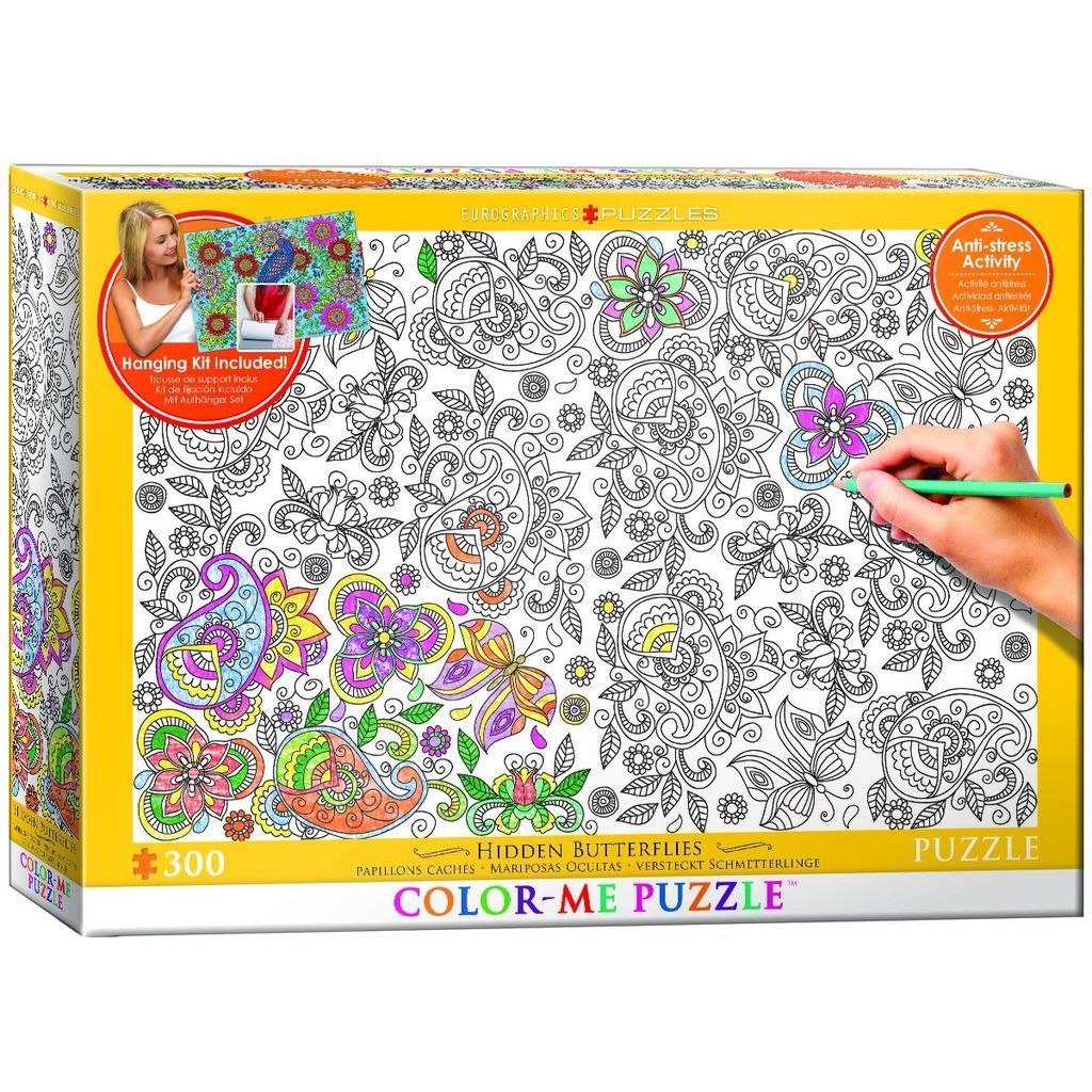 An intricate black-and-white paisley and floral coloring design featuring hidden butterflies.
