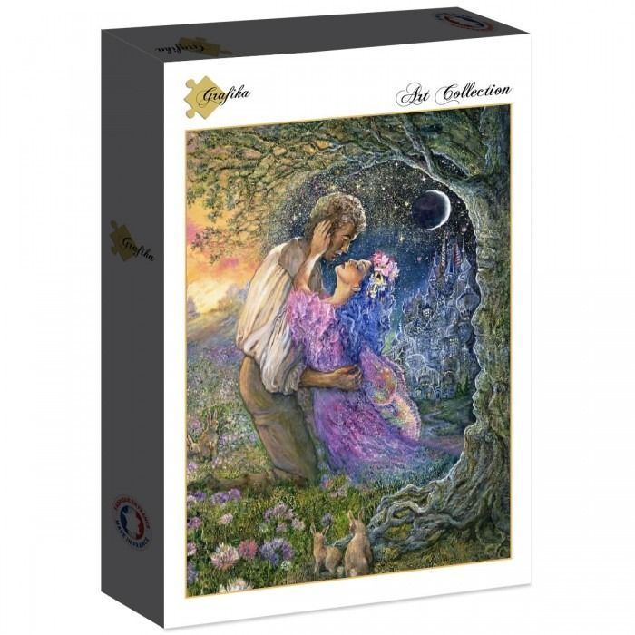 A romantic fantasy illustration of a couple embracing in a mystical forest under a starry night sky.