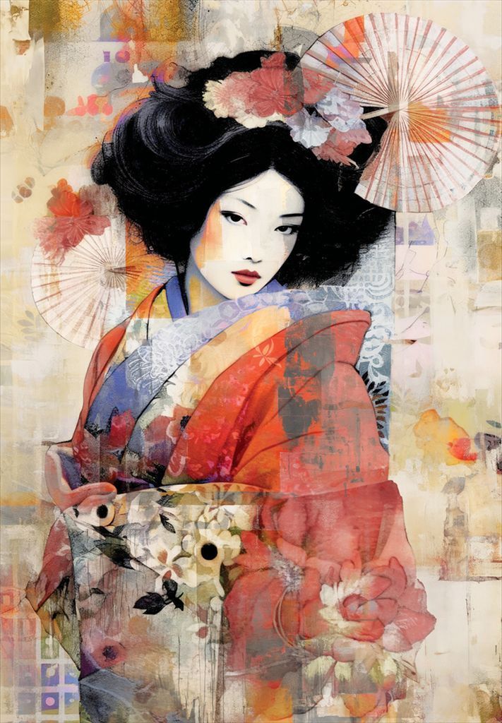 Stylized illustration of a woman in a kimono with paper umbrellas and floral elements in a mixed-media style.