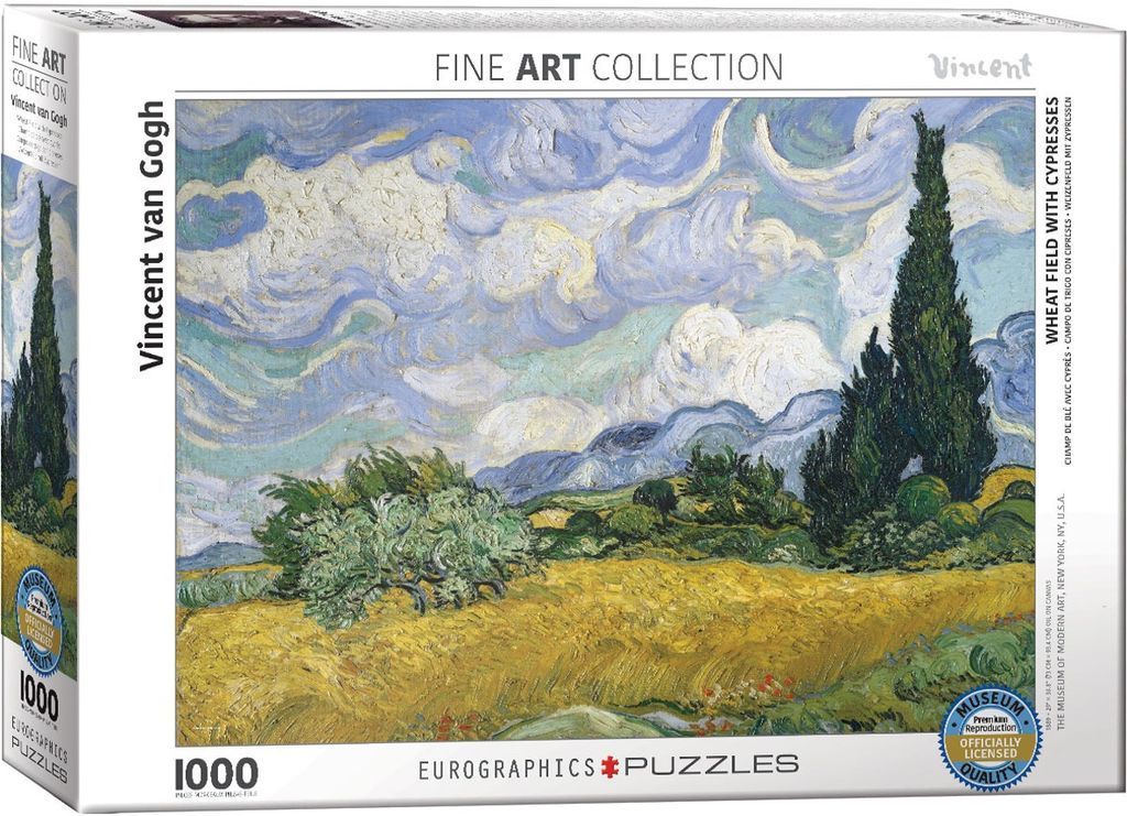 A painting of a golden wheat field under a swirling blue sky with tall cypress trees on the right.