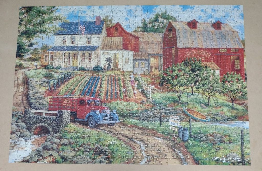 A pastoral landscape painting featuring a red farm truck, a white farmhouse, and a red barn by a creek.