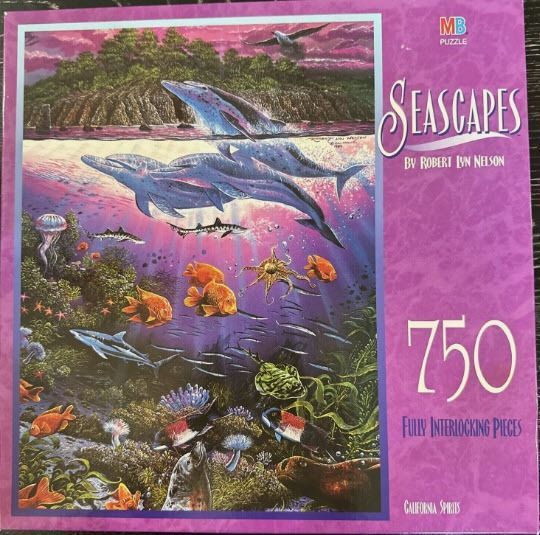 A split-level marine painting by Robert Lyn Nelson featuring dolphins above the water and coral reef life below.