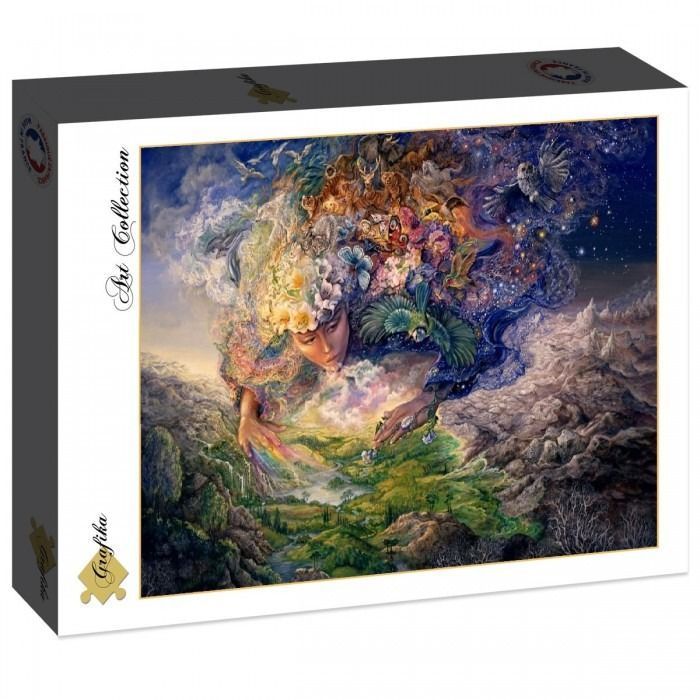 Surreal illustration of a celestial woman tending to a vibrant, living landscape below her.