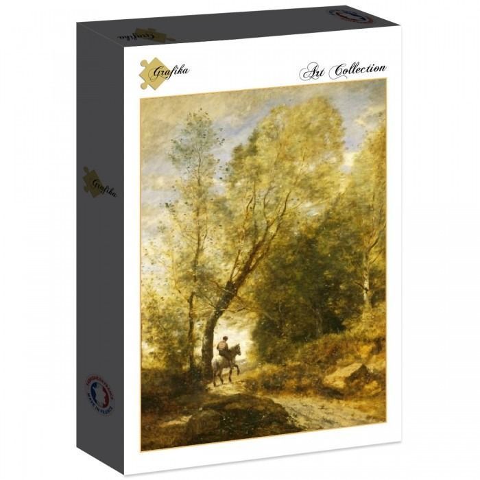 An impressionist painting of a person riding a white horse along a dirt path through a sun-drenched, leafy forest.
