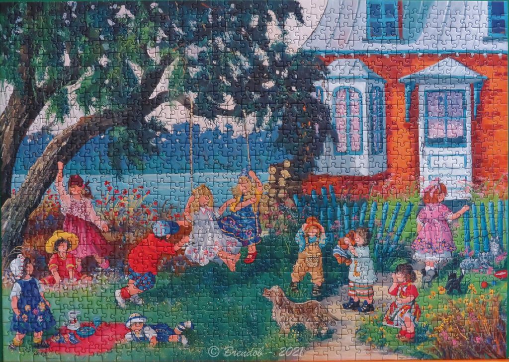 A vibrant painting of several children playing in a lush garden next to a brick house on a summer day.
