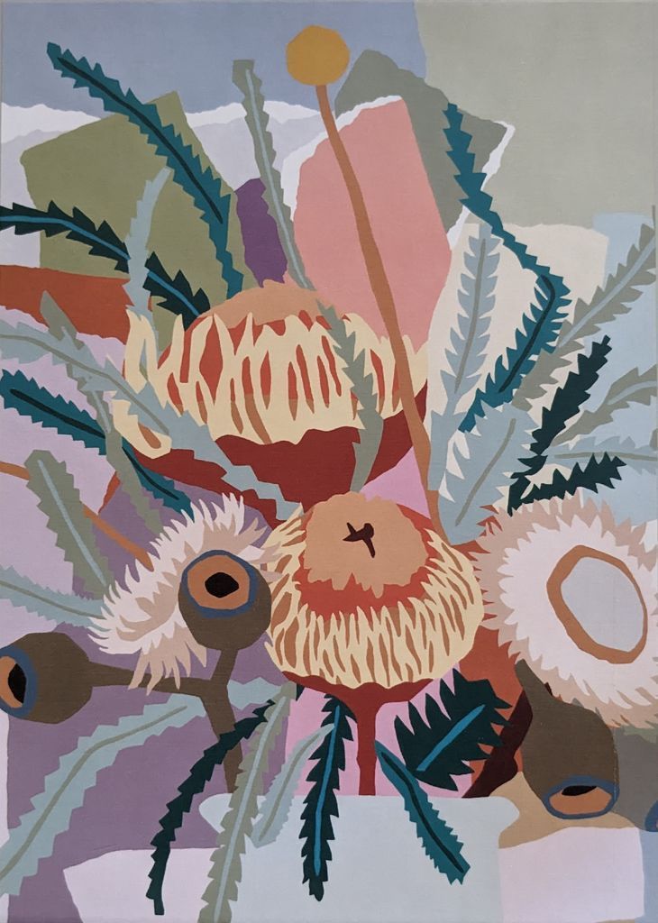 An abstract floral illustration featuring stylized protea flowers and serrated eucalyptus leaves in a muted palette.