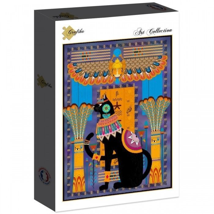 A stylized illustration of a black cat sitting in a regal pose, surrounded by Egyptian-inspired patterns and symbols.