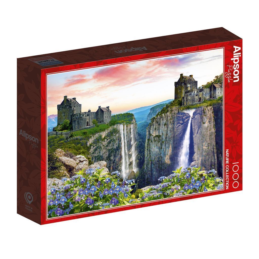 A fantasy landscape featuring two grey stone castles perched on separate high cliffs with waterfalls cascading between them.