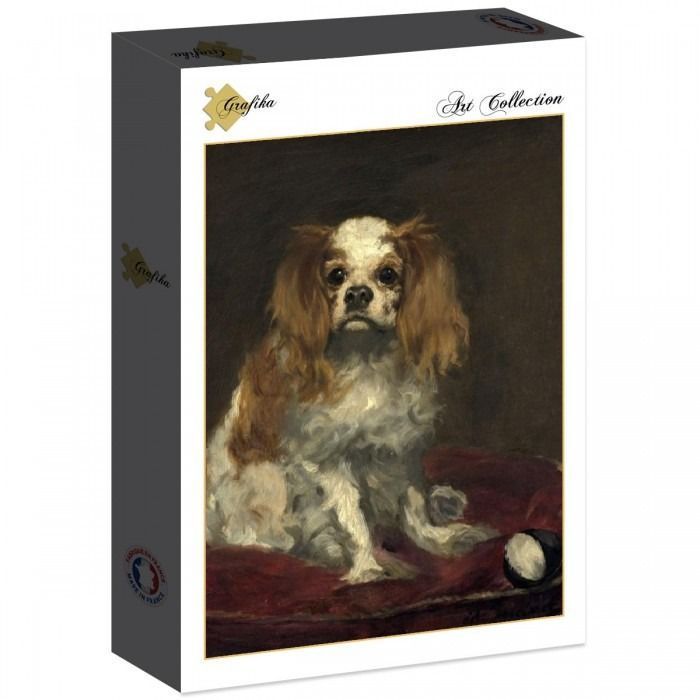 An oil painting of a brown and white Cavalier King Charles Spaniel sitting on a deep red cushion.