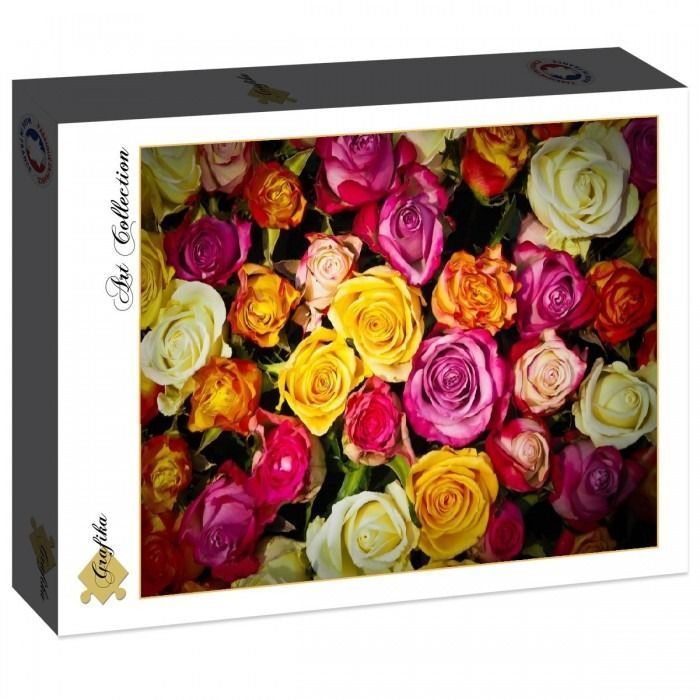 A close-up photograph of a dense arrangement of colorful roses in various shades of yellow, pink, orange, and white.