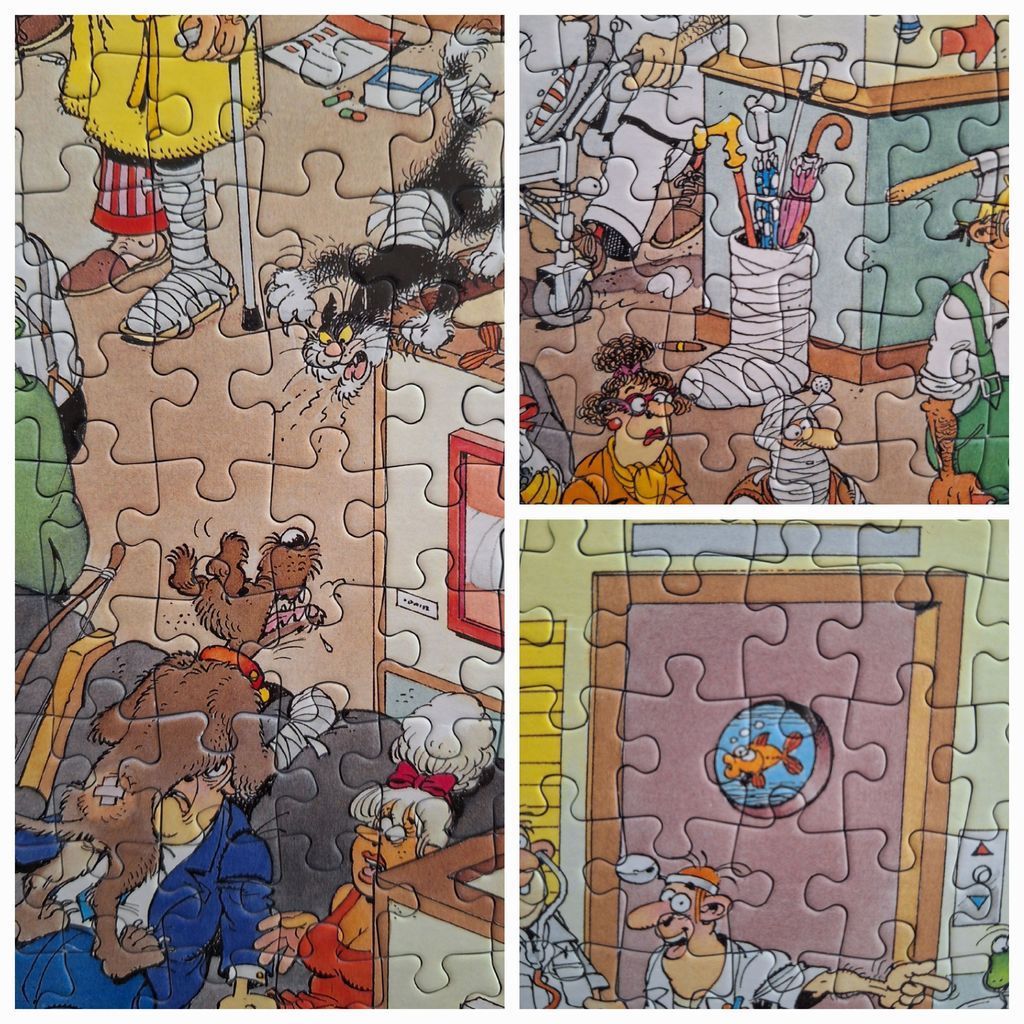 Cartoon illustration of a chaotic hospital waiting room scene with injured patients and pets.