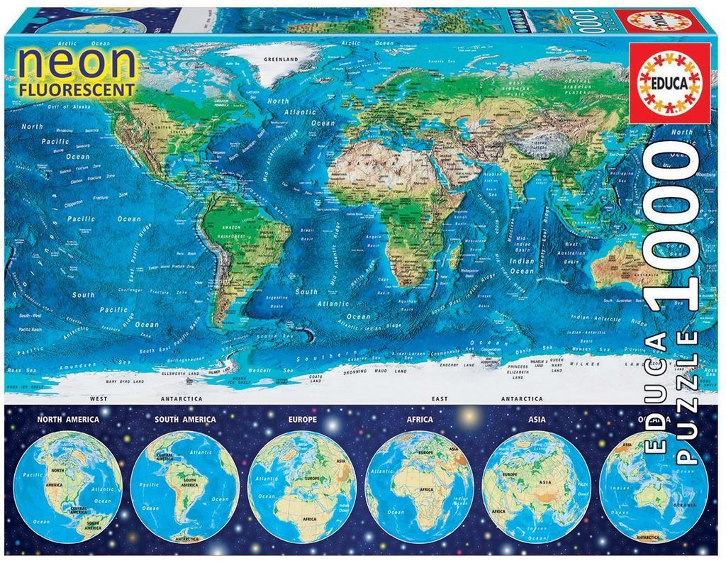 A detailed world map with topographical terrain, accompanied by six circular globe views against a starry background.