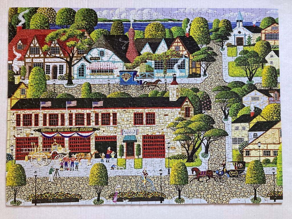 A detailed illustration of a historic Carmel-by-the-Sea fire station and surrounding village street scene.