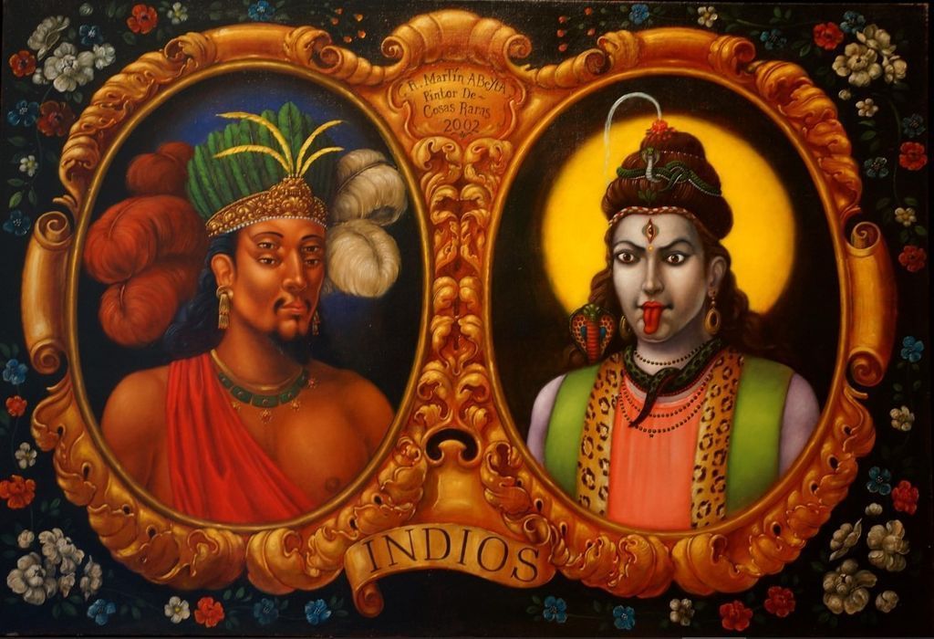 Two portraits in a shared ornate gold frame featuring a Mesoamerican figure and a Hindu deity.