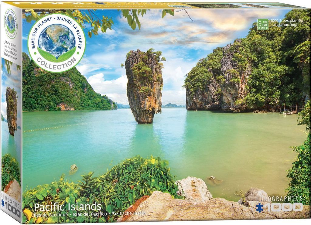 A photograph of Khao Phing Kan island in Thailand, featuring a tall limestone karst rising from turquoise water.