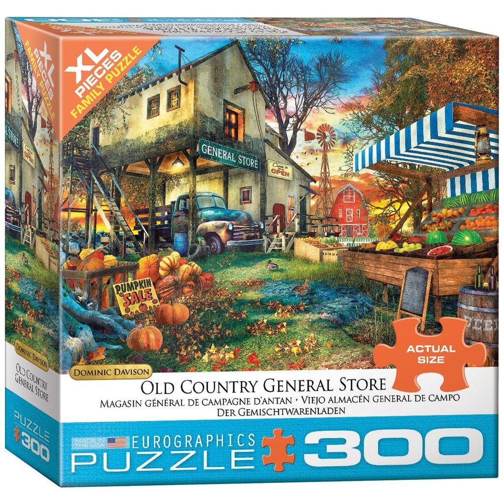 Painting of a rustic general store with pumpkins and a fruit stand at sunset.