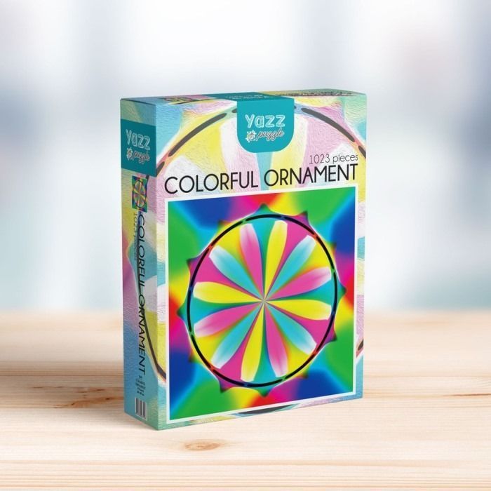 Abstract kaleidoscope design with vibrant rainbow-colored flower petals inside a black circle
