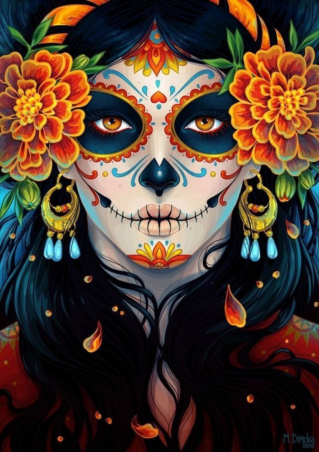 A digital illustration of a woman with sugar skull face paint and marigolds in her dark hair.