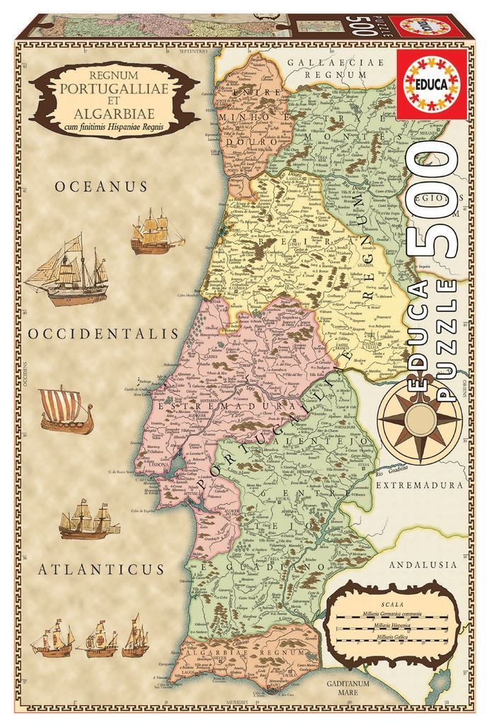 An antique-style illustrated map of Portugal showing coastal regions, major towns, and historical sailing ships.