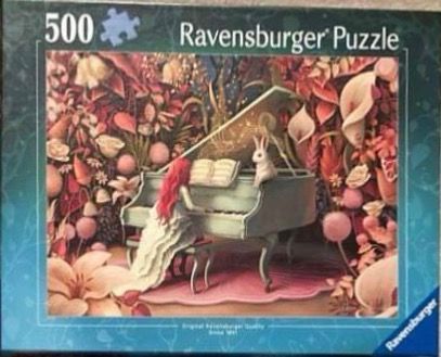 An illustration of a girl with long red hair playing a white grand piano for a white rabbit in a dense floral garden.