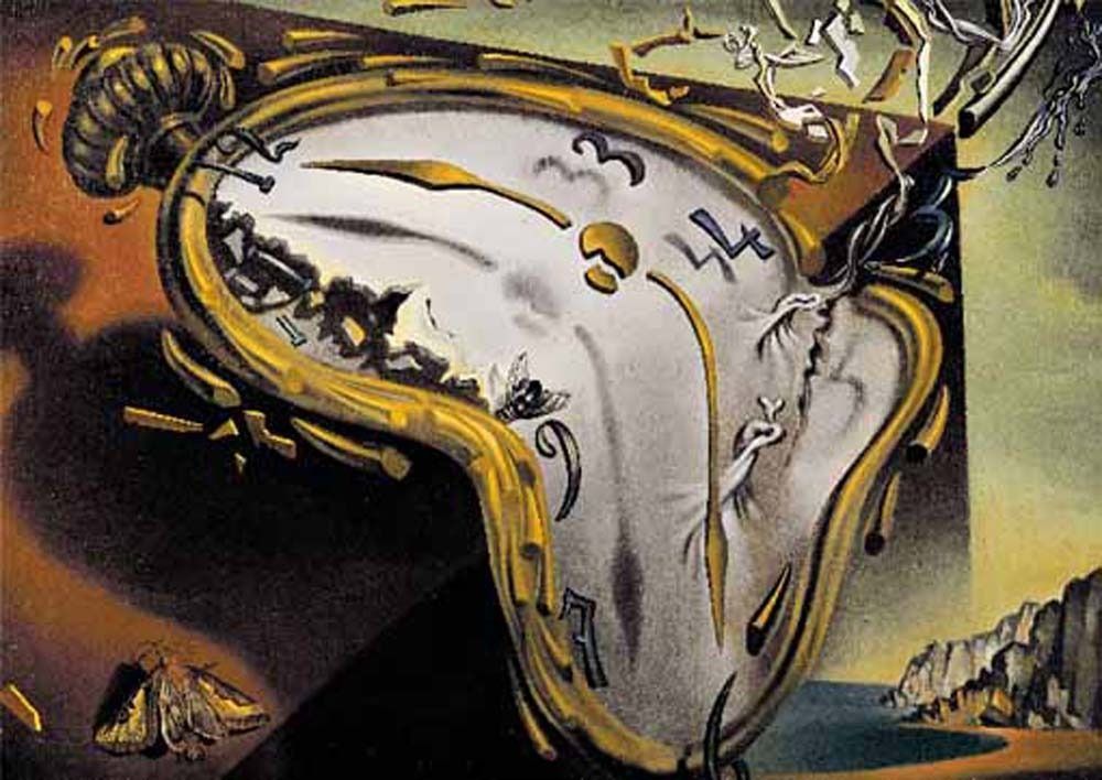 A surrealist scene featuring a melting pocket watch draped over a block with a rocky coastline in the distance.