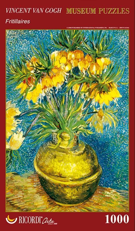 An oil painting of yellow fritillary flowers in a copper-colored vase against a blue stippled background.