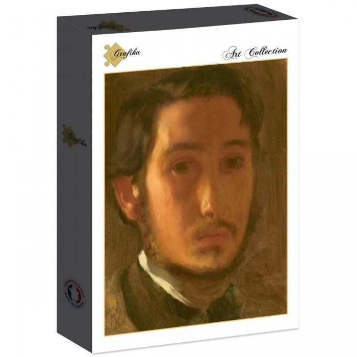 An oil painting portrait of a young man with dark hair and a faint mustache against a warm brown background.