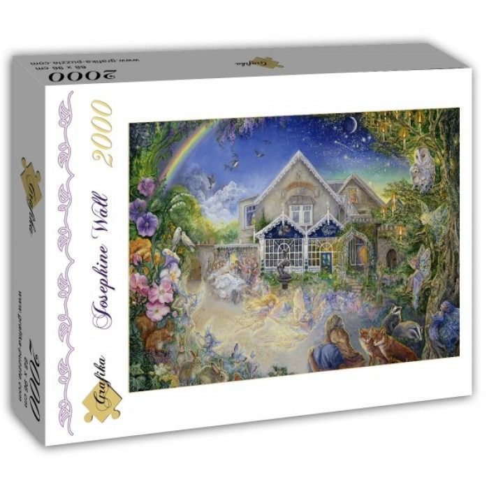 A fantasy illustration of a Victorian cottage in a garden filled with fairies and woodland animals under a night sky.