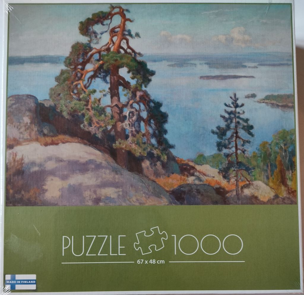 Impressionistic oil painting of a gnarled pine tree on a rocky cliff overlooking a vast, misty blue lake and islands.