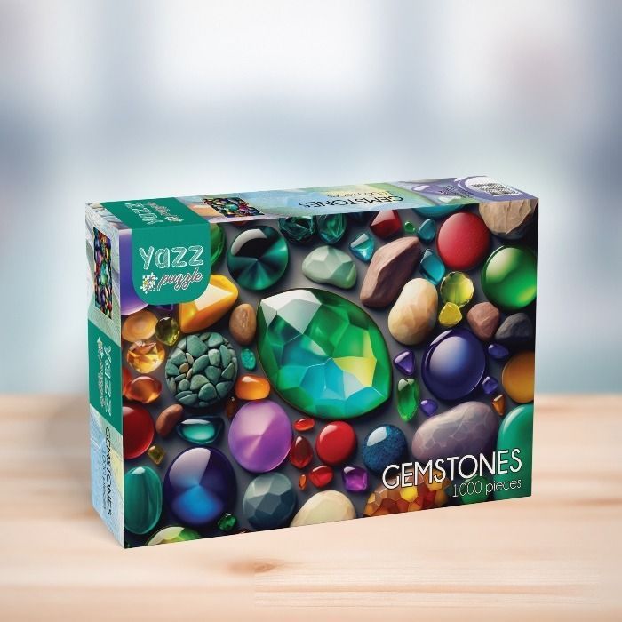 A close-up illustration of numerous colorful, faceted gemstones and smooth river rocks scattered on a dark surface.