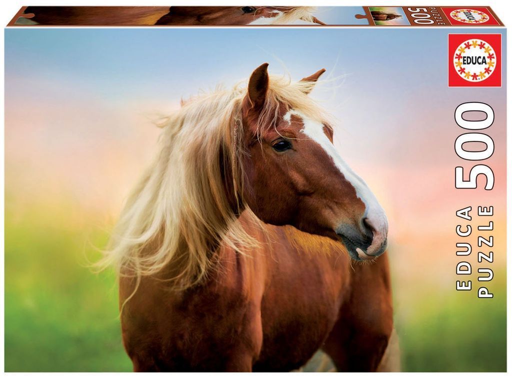 Portrait of a chestnut horse with a long, flowing blonde mane against a soft, pastel-colored background.
