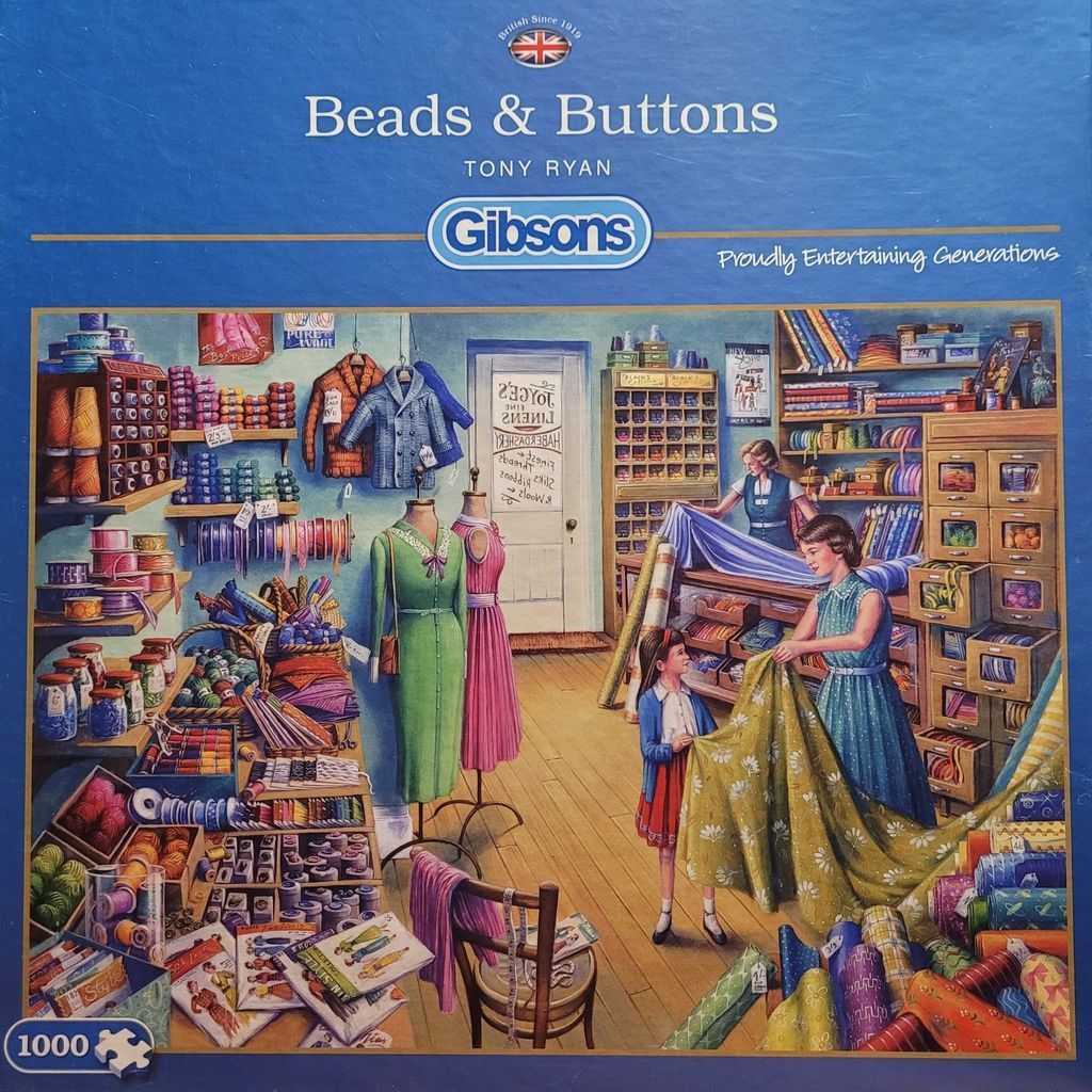 A nostalgic painting of a vintage haberdashery shop interior with customers and shelves of fabric and sewing supplies.
